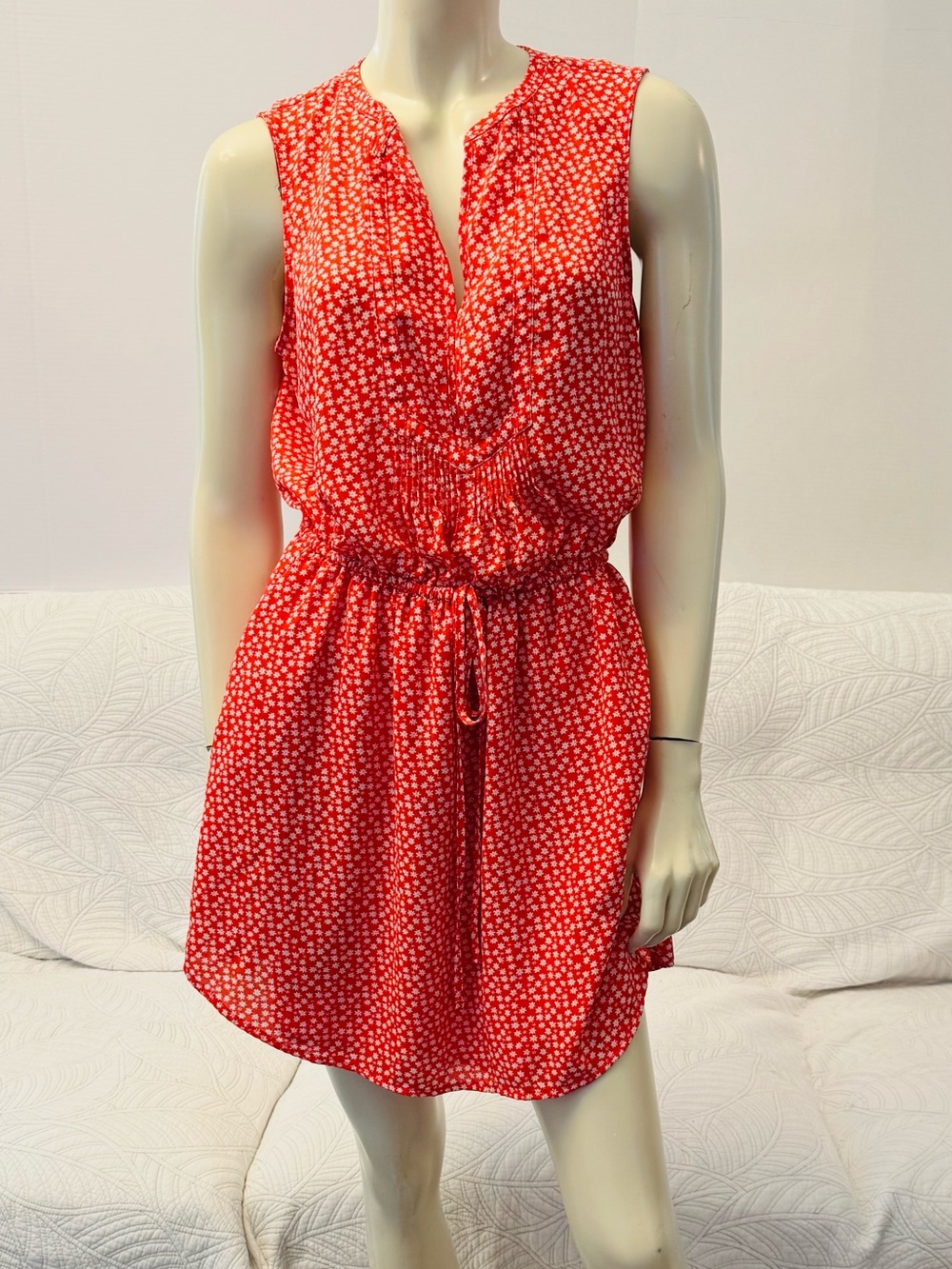GAP Red Sleeveless Drawstring Mini Dress with White Dot Print